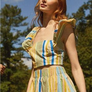 Cara Cara Women's Yellow Cotton Darby Striped‎ Crop Top Size XS Preppy Festival